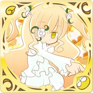 Rating: Safe Score: 0 Tags: 1girl bangs blonde_hair card_(medium) character_name dress flower hair_ornament image kirakishou long_hair solo star_(symbol) User: admin