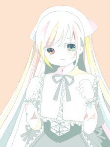 Rating: Safe Score: 0 Tags: 1girl bangs black_ribbon blonde_hair blush closed_mouth dress eyebrows_visible_through_hair frills gloves hands_up image long_hair looking_at_viewer neck_ribbon ribbon simple_background solo suiseiseki very_long_hair white_hair User: admin