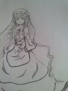 Rating: Safe Score: 0 Tags: 1girl dress image long_hair long_sleeves looking_at_viewer monochrome smile solo suiseiseki traditional_media veil very_long_hair User: admin