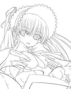 Rating: Safe Score: 0 Tags: 1girl blush dress drill_hair eyebrows_visible_through_hair frills greyscale image lineart long_hair long_sleeves looking_at_viewer monochrome shinku simple_background solo twin_drills very_long_hair white_background User: admin