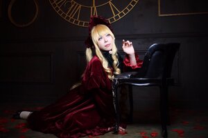 Rating: Safe Score: 0 Tags: 1girl blonde_hair blue_eyes dress flower gothic_lolita lips lolita_fashion long_hair looking_at_viewer nose petals realistic red_dress rose shinku sitting solo User: admin