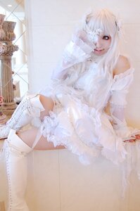Rating: Safe Score: 0 Tags: 1girl blue_eyes doll_joints dress frills joints kirakishou lips long_hair sitting solo white_dress white_hair white_theme User: admin