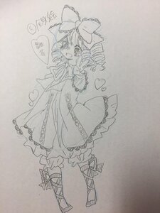 Rating: Safe Score: 0 Tags: 1girl auto_tagged blush bow dress drill_hair heart hinaichigo image long_sleeves monochrome open_mouth smile solo traditional_media wide_sleeves User: admin