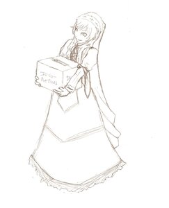 Rating: Safe Score: 0 Tags: 1girl apron closed_mouth dress full_body greyscale holding image long_dress long_sleeves monochrome simple_background smile solo suiseiseki white_background User: admin