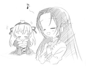 Rating: Safe Score: 0 Tags: 2girls beamed_eighth_notes blush closed_eyes dress eighth_note hair_ribbon image kakizaki_megu long_hair long_sleeves monochrome multiple_girls music musical_note open_mouth ribbon smile solo spoken_musical_note striped suigintou User: admin