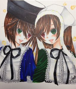 Rating: Safe Score: 0 Tags: 2girls brown_hair frills green_eyes hat head_scarf heterochromia image long_hair long_sleeves looking_at_viewer multiple_girls open_mouth pair red_eyes short_hair siblings sisters smile souseiseki suiseiseki top_hat traditional_media twins User: admin