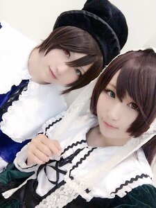 Rating: Safe Score: 0 Tags: 2girls bangs brown_hair closed_mouth frills green_eyes hat heterochromia lips looking_at_viewer multiple_cosplay multiple_girls red_eyes ribbon short_hair siblings sisters smile souseiseki suiseiseki swept_bangs tagme twins User: admin