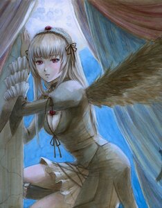 Rating: Safe Score: 0 Tags: 1girl bad_id bad_pixiv_id black_wings blush curtains detached_collar dress flower frilled_sleeves frills hairband highres image long_hair long_sleeves looking_at_viewer moon puffy_sleeves purple_eyes red_eyes ribbon rose rozen_maiden silver_hair solo suigintou tafuto traditional_media wings User: admin