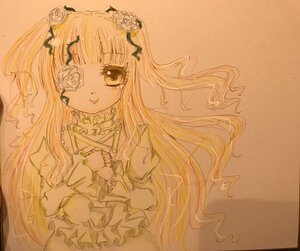 Rating: Safe Score: 0 Tags: 1girl bangs dress eyepatch flower frills hair_flower hair_ornament image kirakishou long_hair long_sleeves rose sepia smile solo traditional_media very_long_hair User: admin