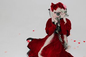 Rating: Safe Score: 0 Tags: 1girl blonde_hair dress flower grey_background long_sleeves petals red_dress rose shinku solo User: admin