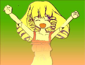 Rating: Safe Score: 0 Tags: 1girl :d arms_up blonde_hair closed_eyes dress drill_hair green_background hinaichigo image open_mouth simple_background smile solo upper_body User: admin