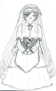 Rating: Safe Score: 0 Tags: 1girl dress frills hairband image lolita_hairband long_hair long_sleeves looking_at_viewer monochrome ribbon smile solo standing suiseiseki very_long_hair User: admin