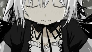 Rating: Safe Score: 0 Tags: 1girl bangs blush closed_eyes closed_mouth dress image juliet_sleeves monochrome neck_ribbon ribbon solo suigintou User: admin