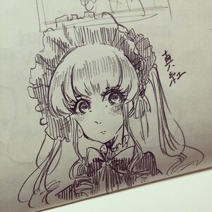 Rating: Safe Score: 0 Tags: 1girl auto_tagged bangs bonnet bow bowtie closed_mouth eyebrows_visible_through_hair image long_hair looking_at_viewer monochrome photo shinku solo traditional_media twintails User: admin