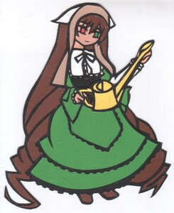 Rating: Safe Score: 0 Tags: 1girl bangs brown_hair closed_mouth dress full_body green_dress green_eyes holding image long_hair long_sleeves neck_ribbon ribbon sleeveless smile solo standing striped suiseiseki very_long_hair User: admin