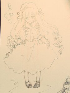 Rating: Safe Score: 0 Tags: 1girl blush dress eyebrows_visible_through_hair full_body heart image long_hair long_sleeves looking_at_viewer monochrome shinku sketch smile solo standing traditional_media very_long_hair User: admin