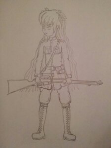 Rating: Safe Score: 0 Tags: 1girl barasuishou belt boots cross-laced_footwear graphite_(medium) gun hair_ribbon image knee_boots long_hair military military_uniform monochrome rifle solo traditional_media uniform weapon User: admin