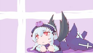 Rating: Safe Score: 0 Tags: 1girl black_wings chibi dress flower frilled_sleeves frills hairband image long_hair long_sleeves on_stomach red_eyes silver_hair solo striped striped_background suigintou wings User: admin