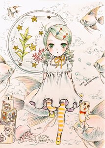 Rating: Safe Score: 0 Tags: 1girl animal bird dress green_eyes green_hair image kanaria solo standing star_(symbol) striped striped_legwear thighhighs traditional_media User: admin