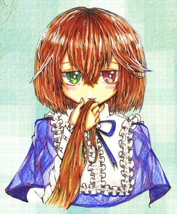 Rating: Safe Score: 0 Tags: 1girl capelet frills green_eyes heterochromia image long_sleeves looking_at_viewer no_hat no_headwear plaid plaid_background short_hair solo souseiseki traditional_media upper_body User: admin