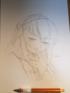 Rating: Safe Score: 0 Tags: 1girl frills hairband hand_to_own_mouth image long_hair looking_at_viewer monochrome photo ribbon smile solo suigintou traditional_media User: admin