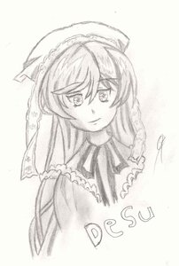 Rating: Safe Score: 0 Tags: 1girl blush closed_mouth dress eyebrows_visible_through_hair hat image long_hair looking_at_viewer monochrome ribbon simple_background smile solo striped suiseiseki traditional_media vertical_stripes User: admin