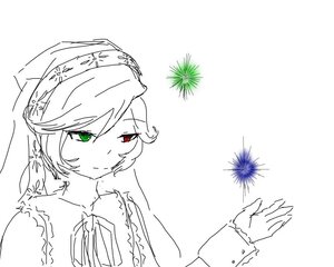 Rating: Safe Score: 0 Tags: 1girl bare_shoulders blush eyebrows_visible_through_hair green_eyes heterochromia image red_eyes solo spot_color suiseiseki white_background User: admin