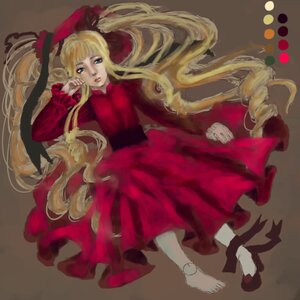 Rating: Safe Score: 0 Tags: 1girl bangs barefoot blonde_hair blue_eyes dress image long_hair long_sleeves red_dress shinku simple_background solo solo_shoe very_long_hair User: admin