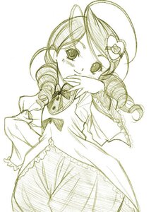 Rating: Safe Score: 0 Tags: 1girl blush bow bowtie dress flower green_theme hair_ornament image kanaria long_hair long_sleeves looking_at_viewer monochrome simple_background solo User: admin