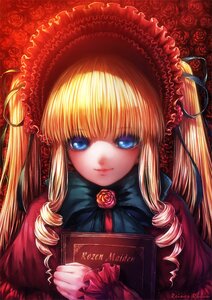 Rating: Safe Score: 0 Tags: 1girl bangs black_ribbon blonde_hair blue_eyes blue_rose blunt_bangs blush bonnet book bow bowtie closed_mouth commentary_request copyright_name dress drill_hair eyebrows eyebrows_visible_through_hair floral_background flower frilled_sleeves frills hair_ribbon holding holding_book image light_particles long_hair looking_at_viewer misaki_(kyal_001) photoshop_(medium) pink_rose red_capelet red_dress red_flower red_lips red_rose ribbon rose rose_petals rozen_maiden shade shinku sidelocks smile solo twin_drills twintails upper_body User: admin