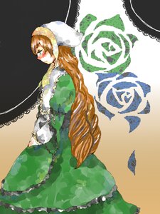 Rating: Safe Score: 0 Tags: 1girl brown_hair dress frills green_dress green_eyes hat head_scarf image long_hair long_sleeves solo suiseiseki very_long_hair User: admin