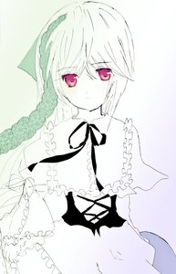 Rating: Safe Score: 0 Tags: 1girl dress expressionless frills hariruri image long_sleeves looking_at_viewer monochrome red_eyes ribbon simple_background solo souseiseki User: admin
