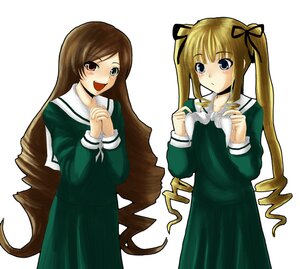 Rating: Safe Score: 0 Tags: 2girls blonde_hair blue_eyes blush brown_hair chiko_(kanhogo) dress drill_hair green_dress green_shirt hair_ribbon heterochromia image long_hair long_sleeves maria-sama_ga_miteru multiple_girls pair parody ribbon rozen_maiden school_uniform shinku simple_background suiseiseki twin_drills twintails very_long_hair User: admin