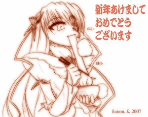 Rating: Safe Score: 0 Tags: 1girl barasuishou eating food image long_hair long_sleeves monochrome ribbon simple_background solo upper_body white_background User: admin