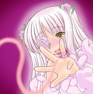 Rating: Safe Score: 0 Tags: 1girl blush flower hair_ornament image kirakishou long_hair outstretched_hand pink_flower pink_rose pink_theme rose silver_hair smile solo thorns yellow_eyes User: admin