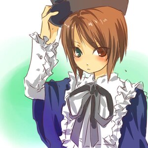 Rating: Safe Score: 0 Tags: 1girl bangs blush brown_hair dress frills green_eyes hat heterochromia image long_sleeves looking_at_viewer short_hair simple_background solo souseiseki upper_body User: admin