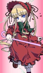 Rating: Safe Score: 0 Tags: 1girl blonde_hair blue_eyes bonnet bow bowtie dress frills image long_hair long_sleeves looking_at_viewer pink_background red_dress shinku solo standing twintails very_long_hair User: admin