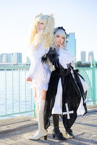 Rating: Safe Score: 0 Tags: 2girls black_footwear blurry boots depth_of_field dress high_heels long_hair looking_at_viewer multiple_cosplay multiple_girls photo standing tagme white_hair User: admin