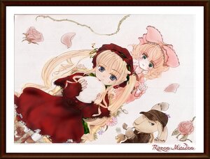 Rating: Safe Score: 0 Tags: 3girls blonde_hair blue_eyes bonnet border bow dress flower hat hinaichigo image long_hair long_sleeves looking_at_viewer multiple_girls pair pink_bow red_dress shinku sitting very_long_hair User: admin
