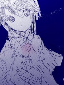 Rating: Safe Score: 0 Tags: 1girl blue_theme frills hariruri image long_sleeves looking_at_viewer monochrome no_headwear short_hair solo souseiseki upper_body User: admin