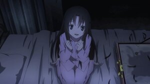 Rating: Safe Score: 0 Tags: 1girl :d bed dark human image indoors kakizaki_megu long_hair looking_at_viewer night open_mouth pajamas screenshot sitting smile solo User: admin