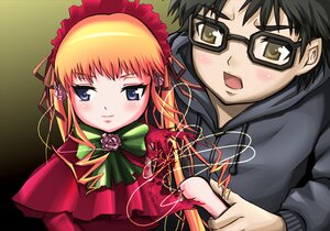 Rating: Safe Score: 0 Tags: 1boy 1girl black_hair blonde_hair blue_eyes blush bonnet bow bowtie glasses image long_hair long_sleeves ring shinku smile solo User: admin