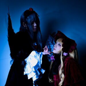 Rating: Safe Score: 0 Tags: 1boy 1girl blonde_hair blue_background blue_eyes dress flower hat long_hair long_sleeves multiple_cosplay shinku tagme User: admin