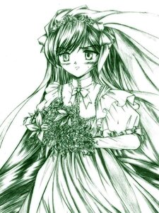 Rating: Safe Score: 0 Tags: 1girl blush bouquet dress flower frills green_theme image long_hair long_sleeves monochrome solo suiseiseki traditional_media veil wedding_dress User: admin