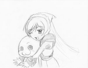 Rating: Safe Score: 0 Tags: 1girl ;d blush dress greyscale hug image long_hair long_sleeves looking_at_viewer monochrome one_eye_closed open_mouth simple_background sketch smile solo suiseiseki traditional_media very_long_hair white_background User: admin