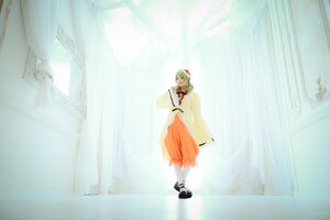 Rating: Safe Score: 0 Tags: 1girl curtains dress flower green_eyes green_hair hair_ornament kanaria short_hair solo standing yellow_dress User: admin