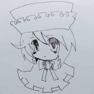 Rating: Safe Score: 0 Tags: 1girl bangs blue_theme closed_mouth dress eyebrows_visible_through_hair full_body hair_between_eyes hariruri hat image looking_at_viewer monochrome photo short_hair solo souseiseki standing traditional_media User: admin