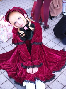 Rating: Safe Score: 0 Tags: 1girl blonde_hair blue_eyes bow chain-link_fence dress fence frills hairband lolita_fashion long_sleeves looking_at_viewer pantyhose red_dress shinku solo tile_floor tile_wall tiles User: admin