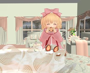Rating: Safe Score: 0 Tags: 1girl basket blonde_hair blush bow building city closed_eyes dress eating food hair_bow hina_ichigo hinaichigo image pink_bow solo User: admin