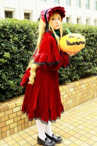 Rating: Safe Score: 0 Tags: 1girl blonde_hair bonnet chain-link_fence dress fence frills long_hair looking_at_viewer looking_back outdoors pavement red_dress shinku shoes solo standing tile_floor tiles white_legwear User: admin